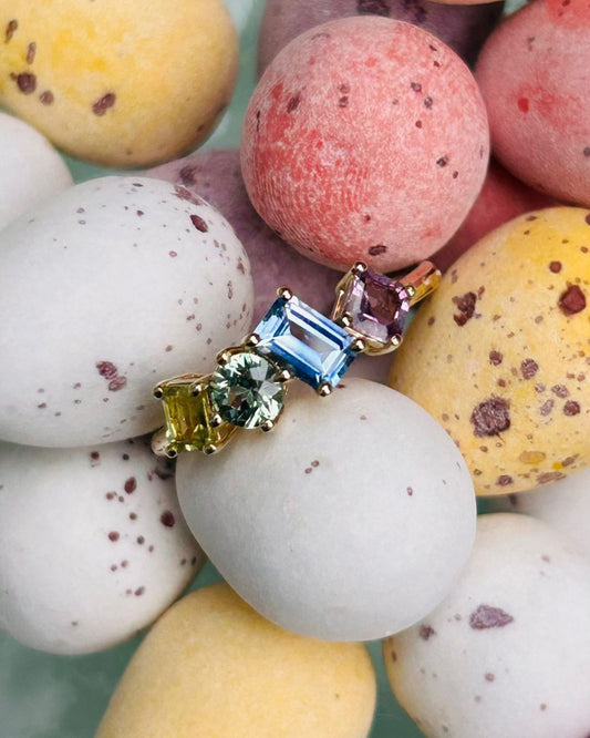 Harlequin coloured Sapphire cluster ring