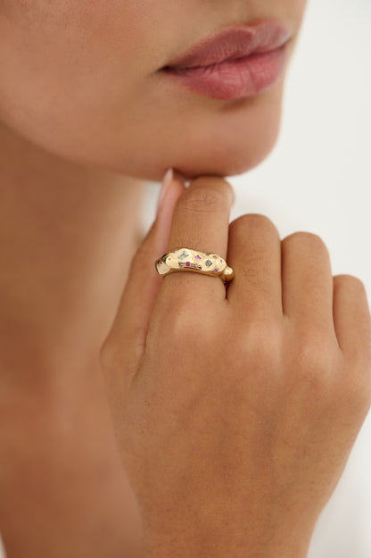 Tutti Frutti Harlequin 9ct Gold Ring with Sapphires and Coloured Gemstones