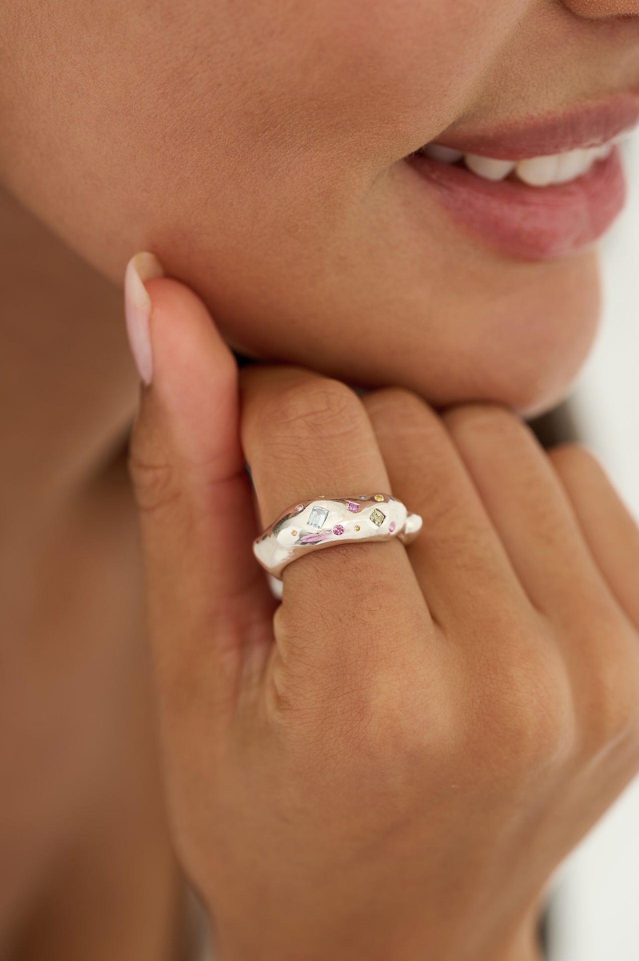 Chunky Tutti Frutti Harlequin Sterling Silver Ring with Sapphires and coloured gemstones