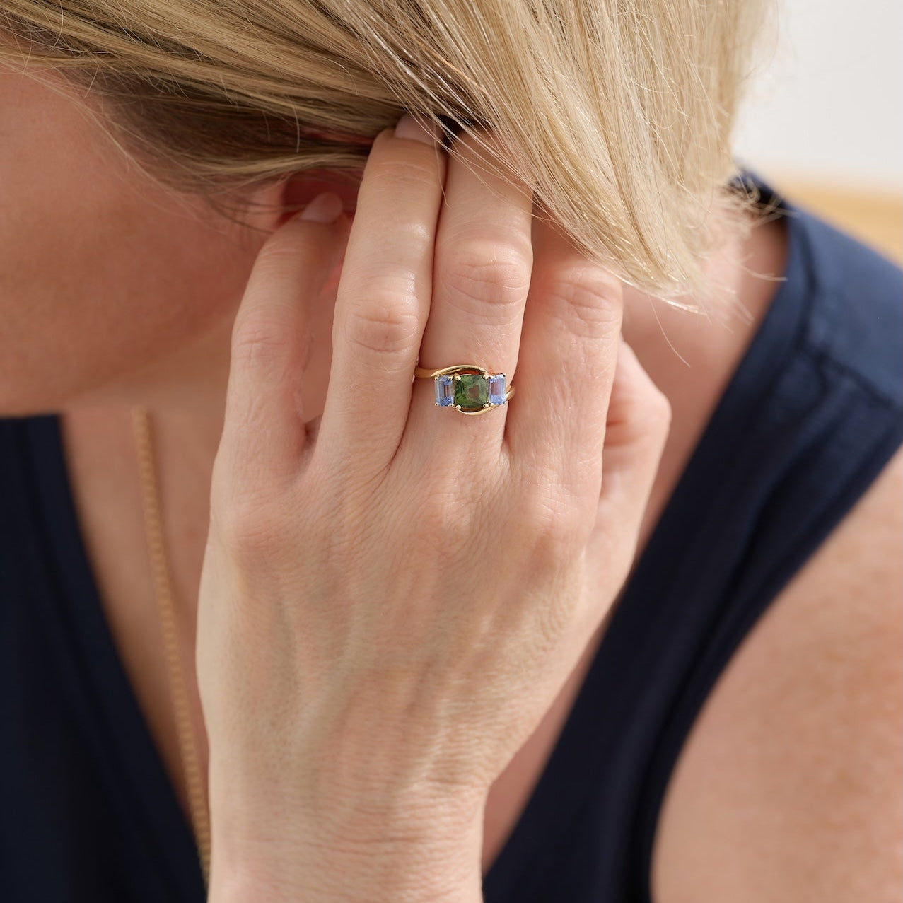 Harlequin Trilogy Cornflower Blue and Green Sapphire 18ct Gold Ring