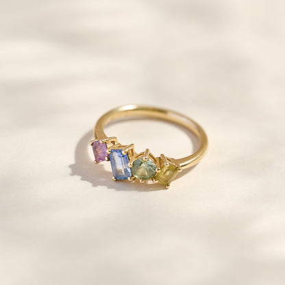 Harlequin cluster 18ct gold 4 sapphire ring