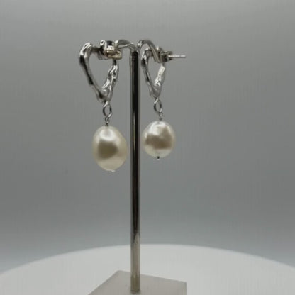 Molten Heart Sterling Silver Pearl Drop Earrings