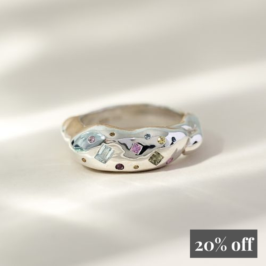 Chunky Tutti Frutti Harlequin Sterling Silver Ring with Sapphires and coloured gemstones