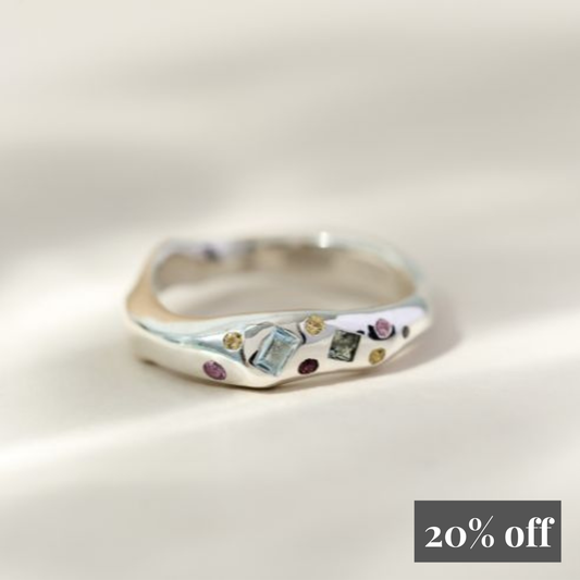 Tutti Frutti Harlequin Sterling Silver Ring with Sapphires and Coloured Gemstones